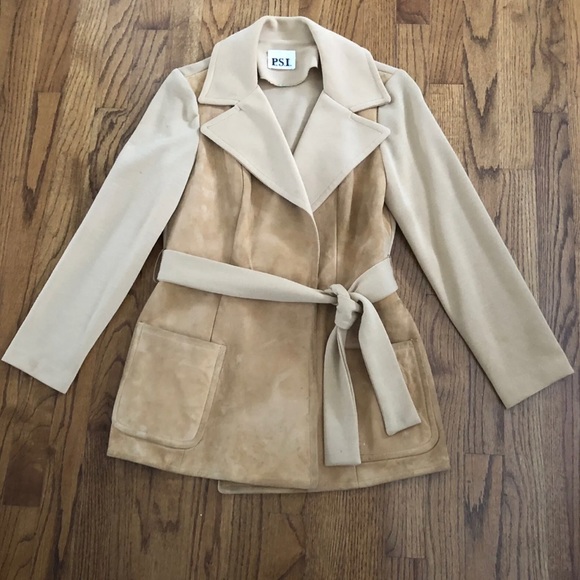 PSI Vintage Tan Suede Belted Women’s Wrap Nehru Jacket Coat 1970s Women’s S / M - Picture 11 of 11